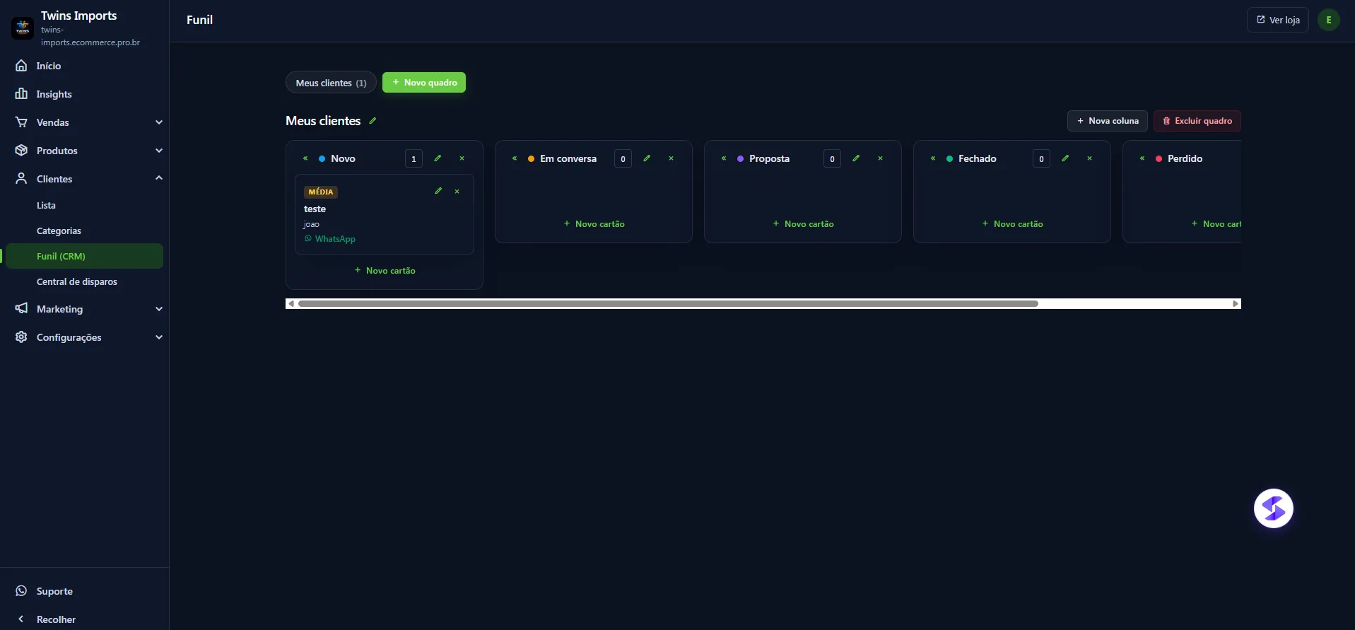 Kanban de clientes com etapas Novo, Em conversa, Proposta e Fechado
